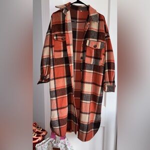 Amazon Women's Plaid Long Coat - Red and Brown